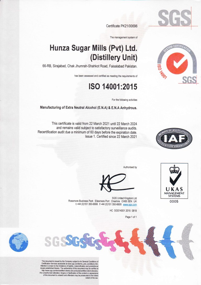 ISO 14001 2015, Hunza Ethanol Certfication