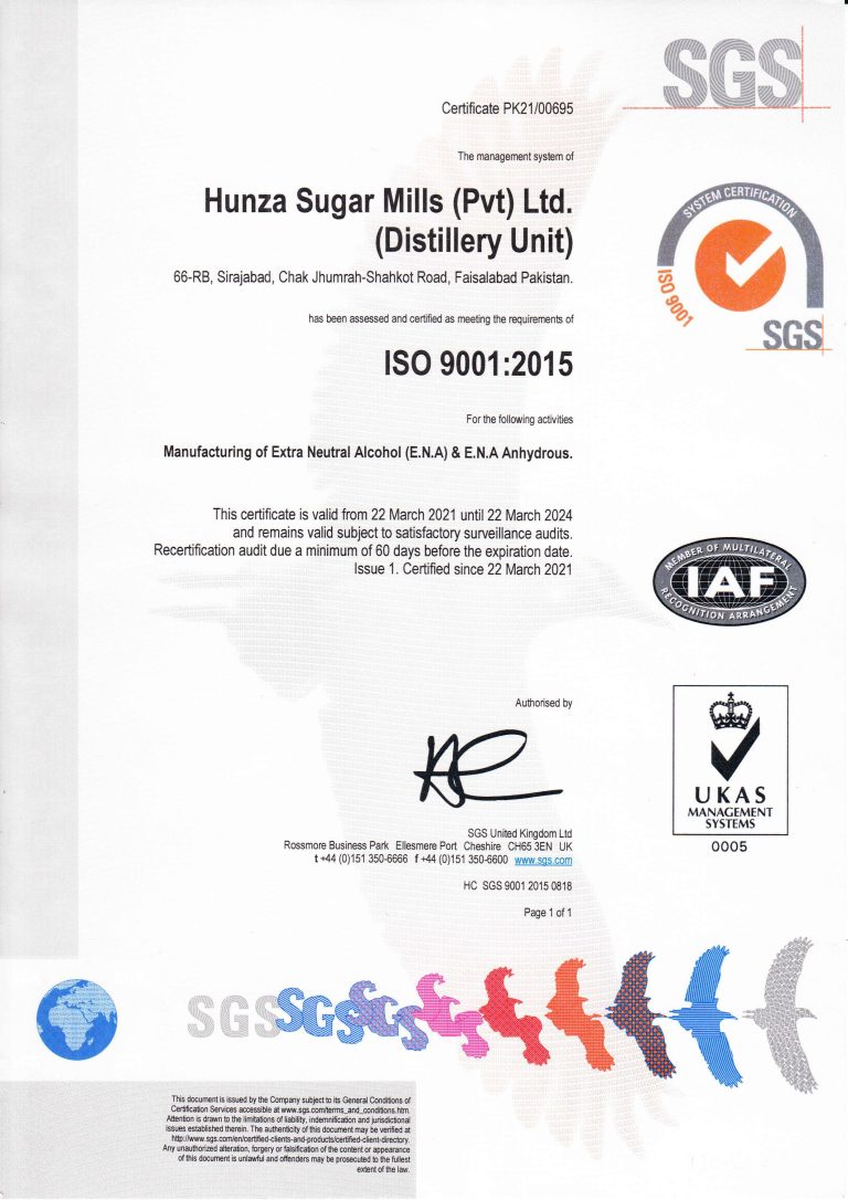 ISO 9001:2015 HUNZA Ethanol Certifcation